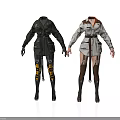Black And White Fashion Coats With Belted Design And Leg Straps