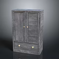 Gray Wooden Cabinet With Double Doors Drawer And Golden Knobs