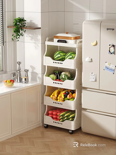 Practical Multi Tier Kitchen Storage Rack With Fresh Fruits And Vegetables 3d model 