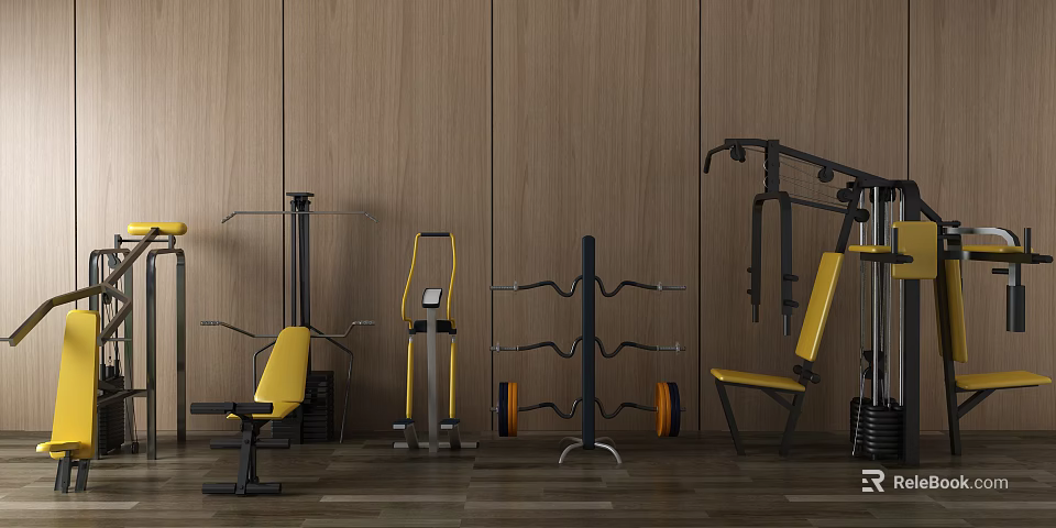 Gym Fitness Equipment With Yellow Seats Black Frames And Weight Training Racks 3d model 