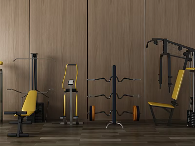 Gym Fitness Equipment With Yellow Seats Black Frames And Weight Training Racks 3d model