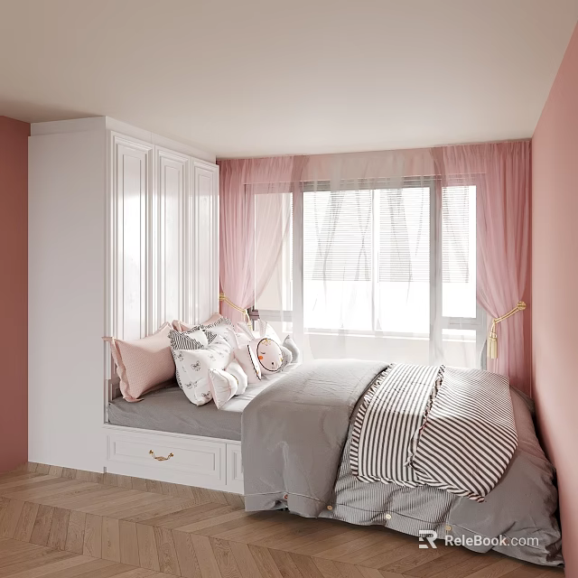 Tatami Bedroom With Pink Walls White Wardrobe Pink Curtains And Storage Drawers 3d model 