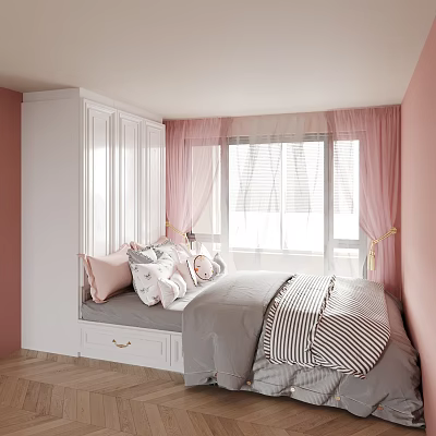 Tatami Bedroom With Pink Walls White Wardrobe Pink Curtains And Storage Drawers 3d model
