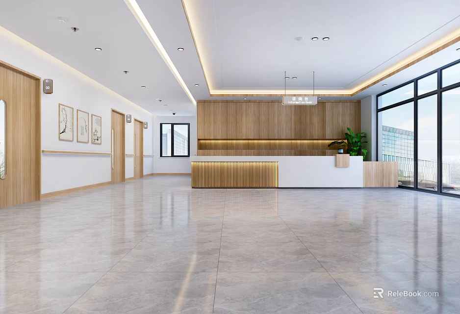 Modern Reception Area With Wooden Panels And Large Windows 3d model 