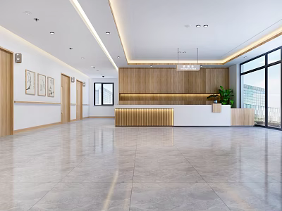Modern Reception Area With Wooden Panels And Large Windows 3d model