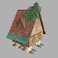 Cartoon Style House With Red Roof Green Walls Round Window Claw Legs And Pine Tree