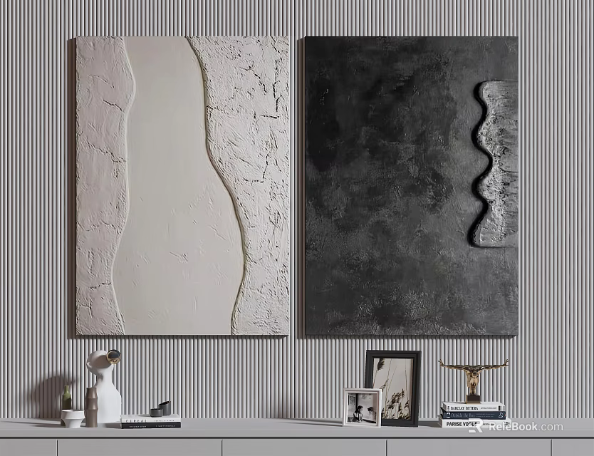 Abstract Textured Wall Art With Vertical Striped Background And Decorative Shelf Items 3d model