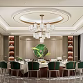 Elegant Private Dining Room With Round Table Green Chairs White Tablecloth Chandelier And Green Artwork