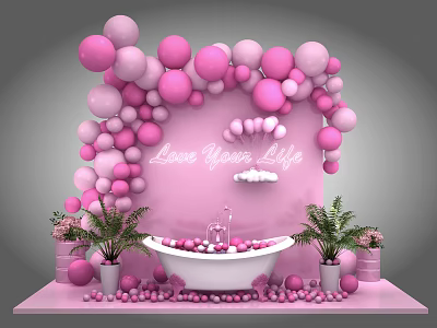 Pink Inflatable Balloon Decorations For Party With Bathtub And Green Plants 3d model