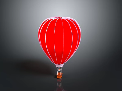 Red Hot Air Balloon With White Vertical Stripes And Orange Basket 3d model
