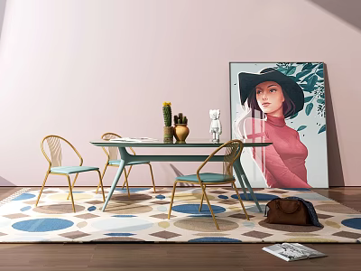 Modern Dining Table Set With Green Tabletop Gold Frame Chairs Geometric Rug And Wall Art 3d model