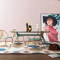 Modern Dining Table Set With Green Tabletop Gold Frame Chairs Geometric Rug And Wall Art