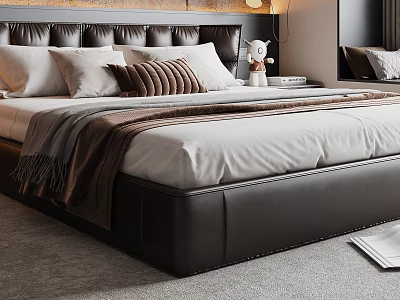 Luxurious Double Bed With Leather Headboard Plush Pillows Blanket And Nightstand Decor 3d model