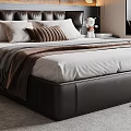 Luxurious Double Bed With Leather Headboard Plush Pillows Blanket And Nightstand Decor