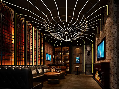 Modern KTV Interior Design With Stylish Lighting Leather Sofa TV Screens Wine Racks And Fireplace 3d model