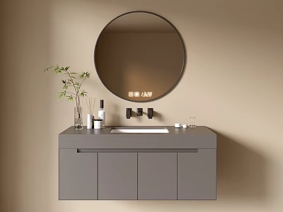 Gray Bathroom Cabinet With Round Mirror Sink Faucet And Green Plant On Light Brown Wall 3d model
