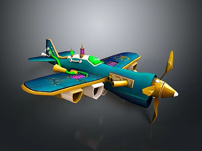 Colorful Toy Airplane Model With Blue Body Green Accents And Gold Propeller 3d model