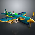 Colorful Toy Airplane Model With Blue Body Green Accents And Gold Propeller