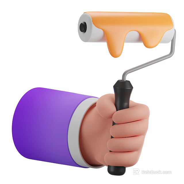Hand Holding Paint Roller With Orange Paint Dripping And Purple Sleeve 3d model 