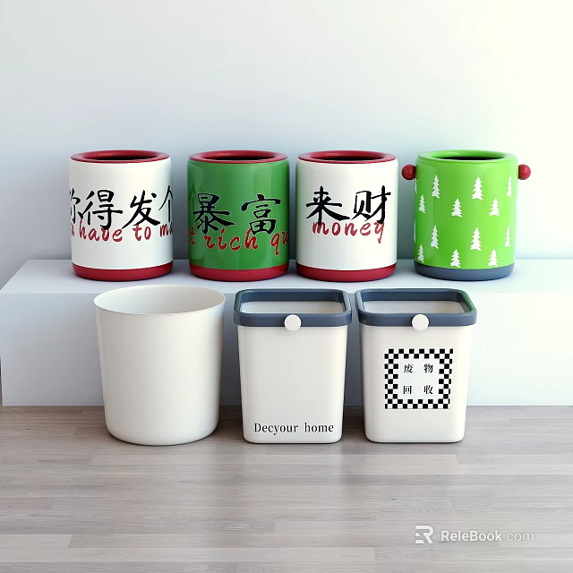 Various Decorative Trash Bins Featuring Chinese Characters Christmas Patterns And Home Designs 3d model 