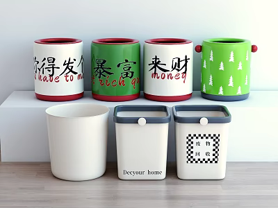 Various Decorative Trash Bins Featuring Chinese Characters Christmas Patterns And Home Designs 3d model