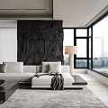 Modern Living Dining Room With Light Sofa Dark Stone Wall Large Windows And City View