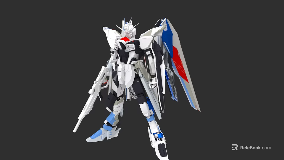 White Mecha Game And Movie Character With Blue Red Details Mechanical Wings And Weapon 3d model 