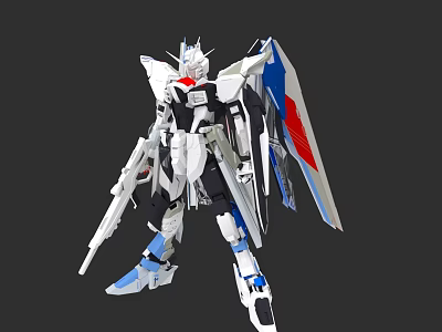 White Mecha Game And Movie Character With Blue Red Details Mechanical Wings And Weapon 3d model
