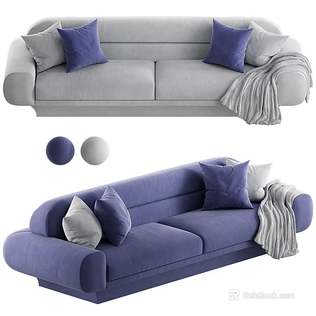 Modern Gray And Blue Two Seater Sofa With Blue Gray White Pillows And Gray Blanket 3d model 