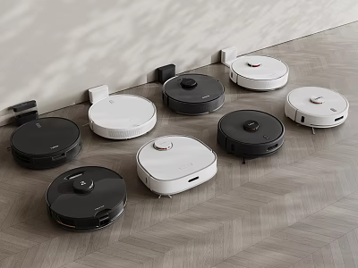 Various Color Robot Vacuum Cleaners As Daily Electrical Appliances Arranged On Wooden Floor 3d model