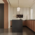 Modern Kitchen Interior Design With Wooden Cabinets Island Counter Pendant Lights And Window Blinds