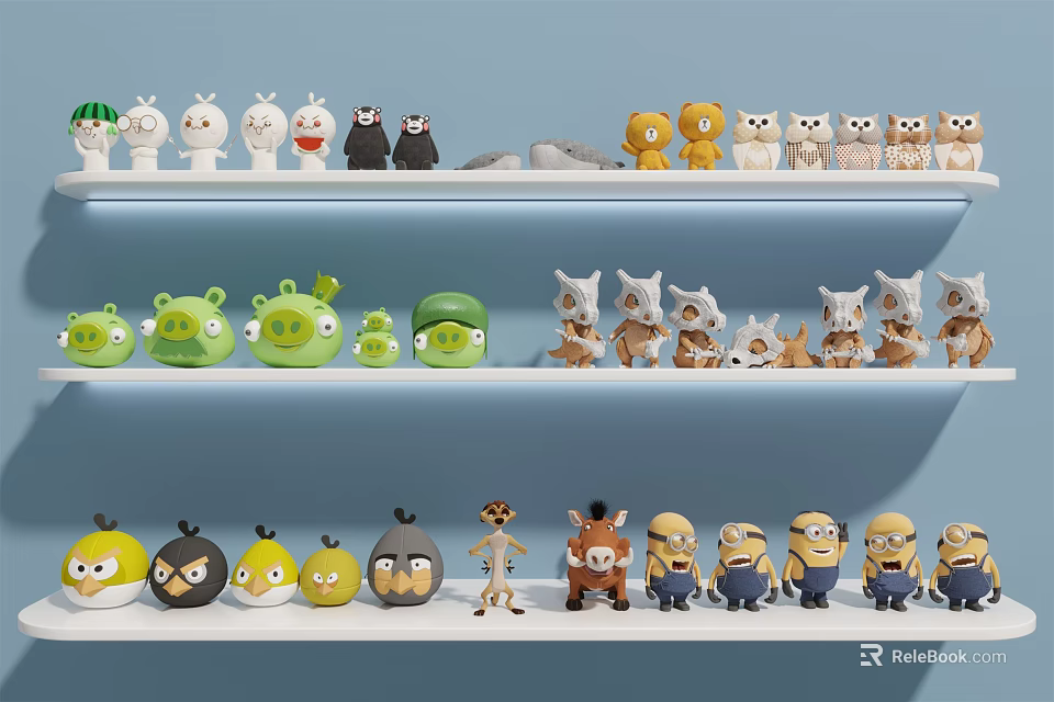 Cute Assorted Character Dolls Arranged On Multiple Shelves With Colorful Designs 3d model 