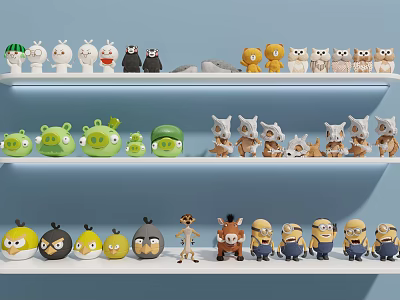 Cute Assorted Character Dolls Arranged On Multiple Shelves With Colorful Designs 3d model