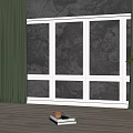Floor-to-Ceiling Window In White Frame With Gray Marble Wall Green Curtains And Light Wooden Floor