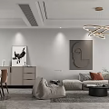 Modern Elegant Open Concept Dining and Living Room with Sofa Coffee Table and Pendant Light 3d model