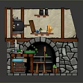 Medieval Kitchen Scene With Stone Walls Wooden Frames Table Chair Cauldron Shelf And Stone Tiles