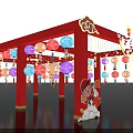 Red Event Gateway With Cloud Decorations Lanterns And Cartoon Characters 3d model