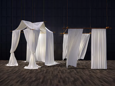 White Lightweight Bed Canopy With Wooden Frame On Dark Wall And Wooden Floor 3d model