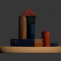 Colorful Wooden Blocks Building Small House With Various Shapes On Round Wooden Tray