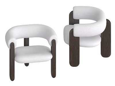 Two Modern Minimalist White Fabric Armchairs With Dark Wooden Frame Structure 3d model