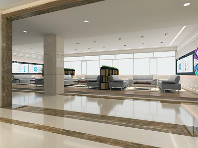 Modern Lounge Area Interior Design With Comfortable Sofas Large Windows Green Plants And TV Screens 3d model
