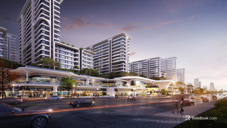 Modern Urban Residential Commercial Complex With High rise Buildings Street Vehicles And Pedestrians At Dusk 3d model 