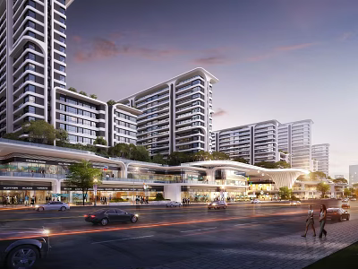 Modern Urban Residential Commercial Complex With High rise Buildings Street Vehicles And Pedestrians At Dusk 3d model