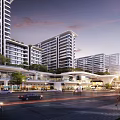 Modern Urban Residential Commercial Complex With High rise Buildings Street Vehicles And Pedestrians At Dusk