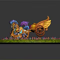 Yellow Winged Horse And Pony With Purple Blue Mane On Green Grass With Small Flowers