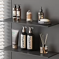 Modern Daily Washing Essentials Including Shampoo Soap Haircare Bottles Aroma Sticks on Black Shelves