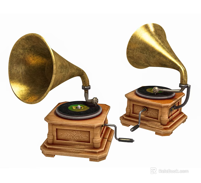 Vintage Gramophones With Golden Horn Speakers And Wooden Base Design 3d model 