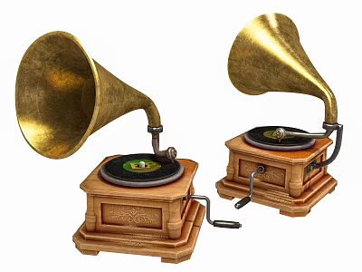 Vintage Gramophones With Golden Horn Speakers And Wooden Base Design 3d model