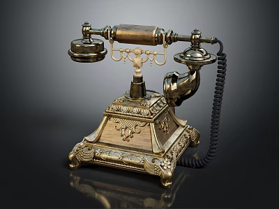 Vintage Brass Antique Telephone with Intricate Carvings Decorative Base and Cord 3d model