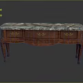 Vintage Red Wooden Console Table With Marble Top And Carved Drawer Details